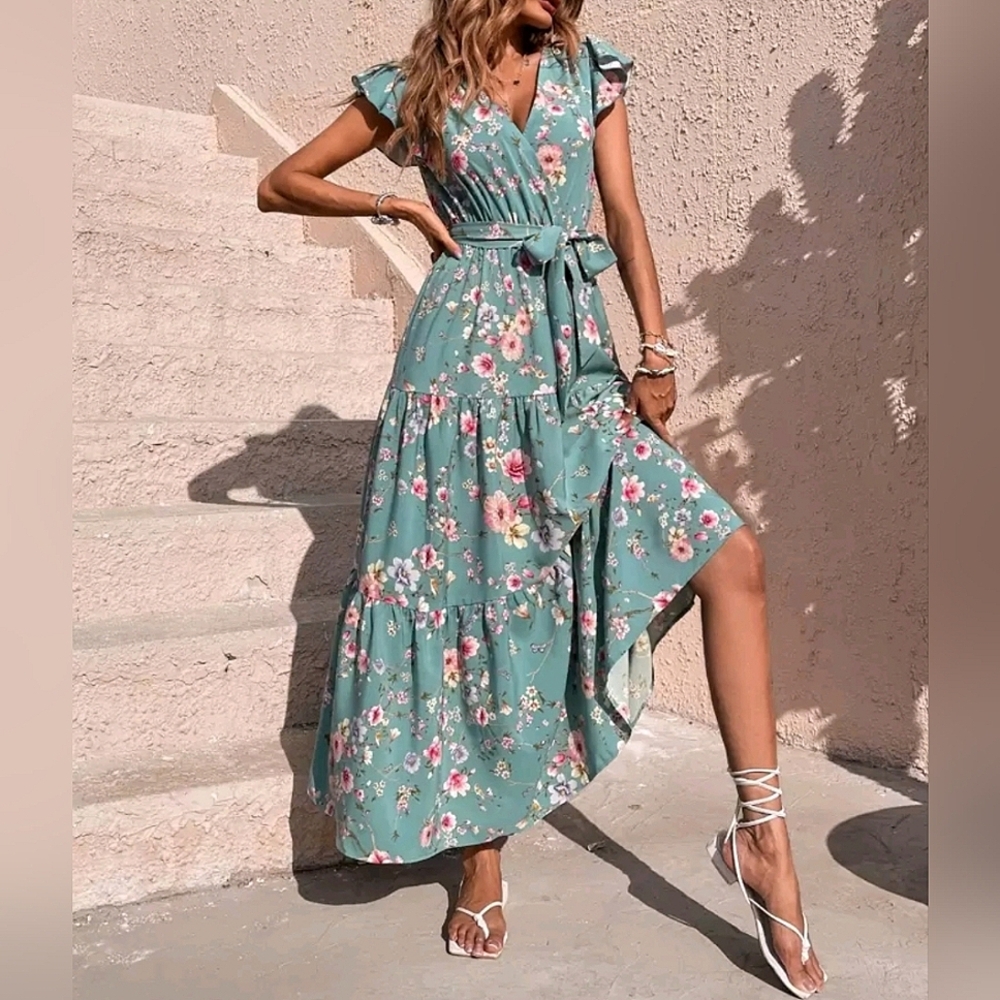 NEW Boho Floral Wrap Top Tiered Long Dress Dusty Blue Teal Pink Green